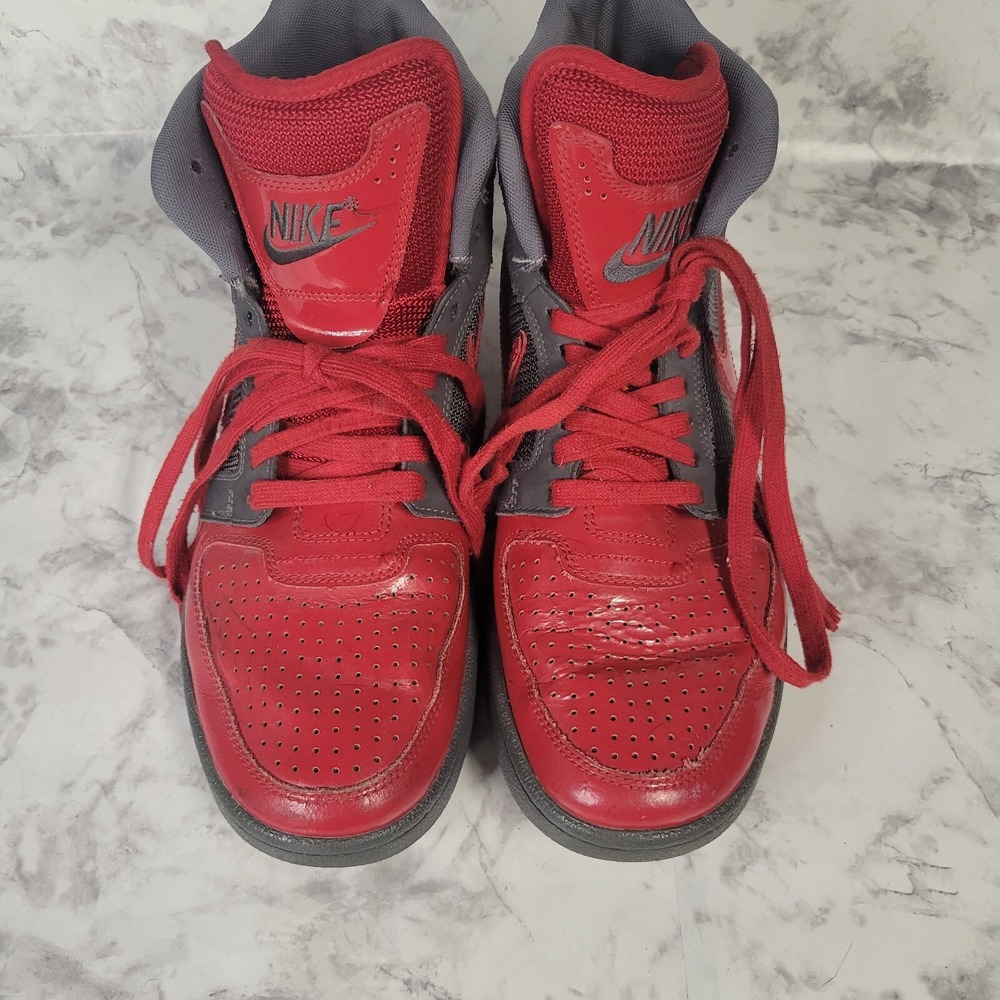 Nike High Top Sneakers Red Charcoal Grey Mesh Athletic Shoes Mens Basketball - Picture 3 of 10